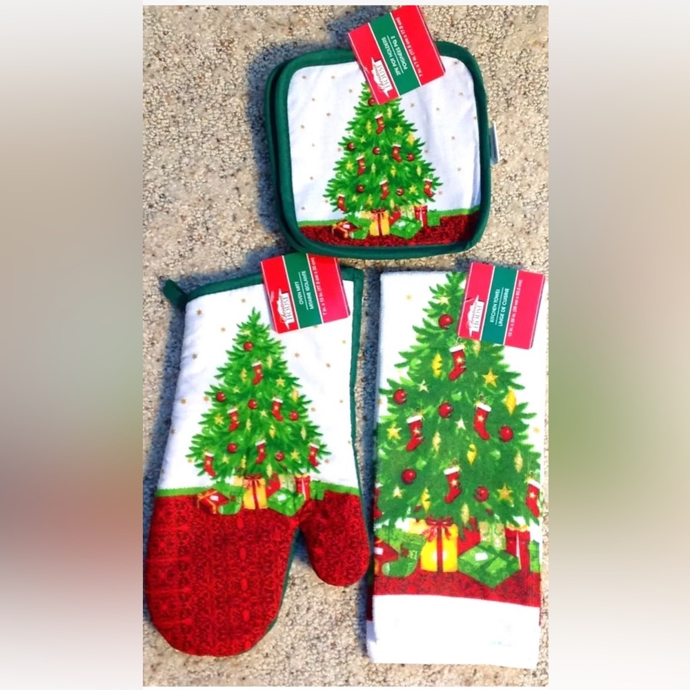 Christmas Tree Oven Mitt Towel Pot Holder Hot Pad Kitchen Linen 4 pc Set New